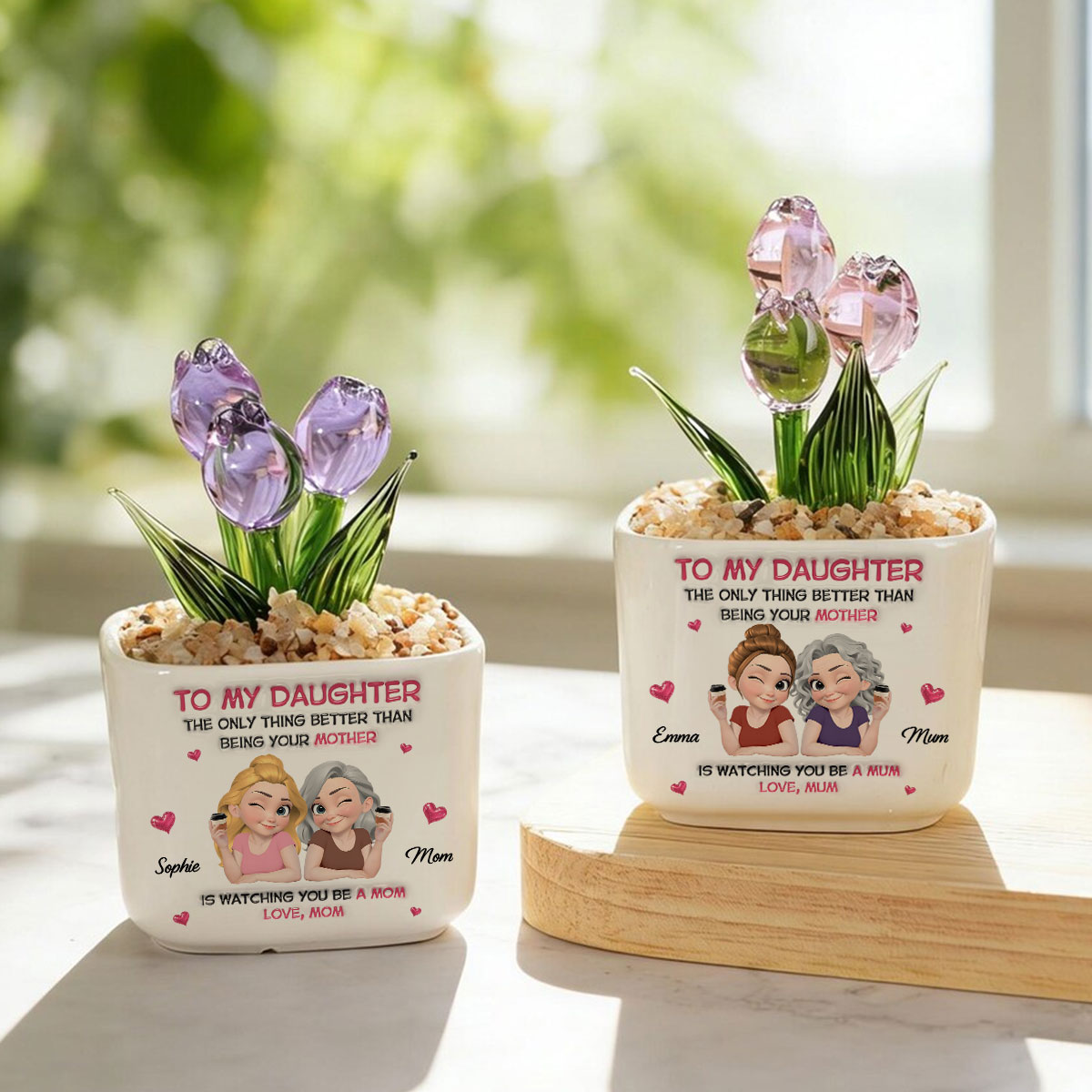 Custom Flower Keepsake, Glass Home Decor Gift for Daughter • Watching Daughter Be A Lovely Mom - Personalized Glass Everlasting Tulips
