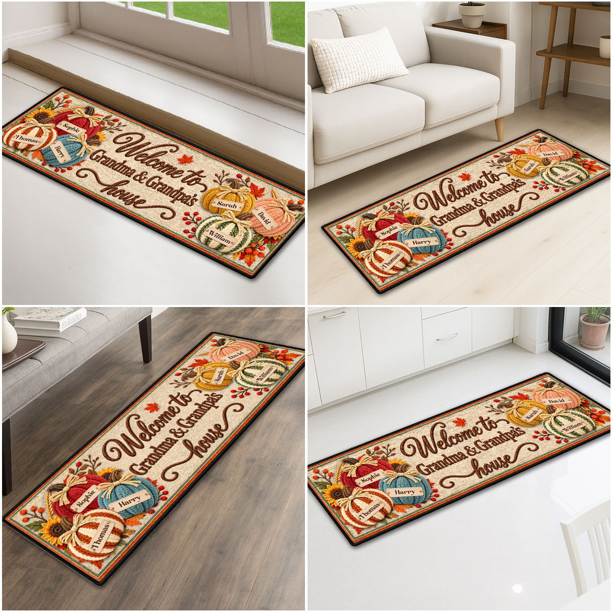 Custom Family Name Rug, Housewarming Birthday Gift For Family Members • Pumpkins Welcome - Personalized Runner Rug
