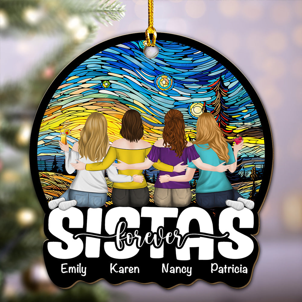 Custom Friendship Christmas Ornament, Best Friend Gift •  Besties Sitting Together - Personalized Wood Ornament