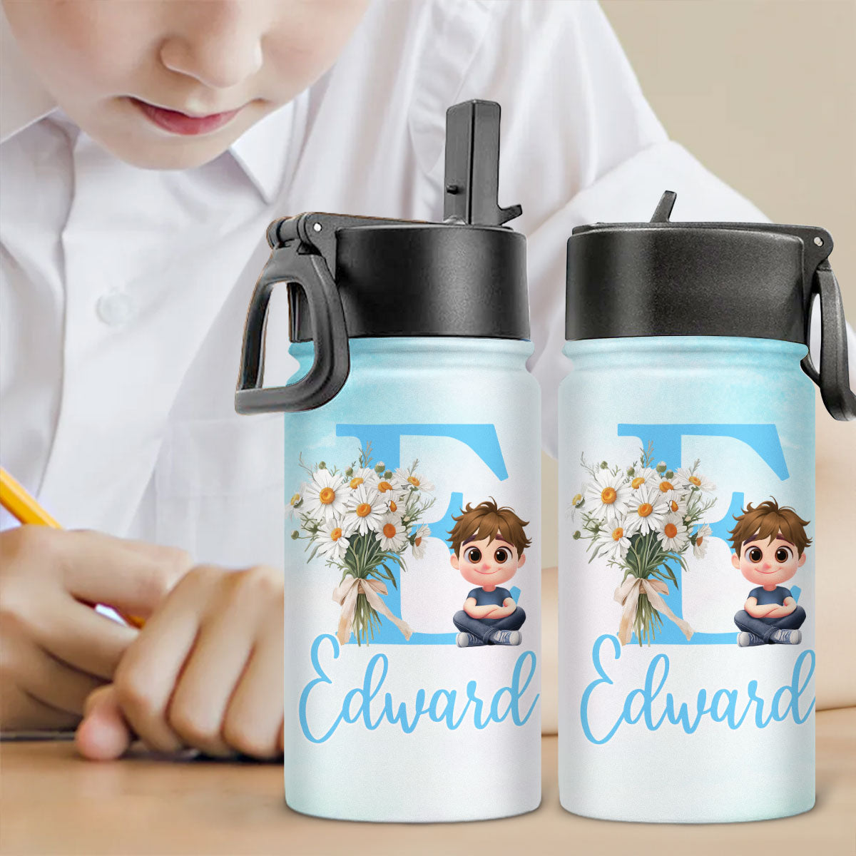 Birth Flower With Name - Personalized Kids Water Bottle