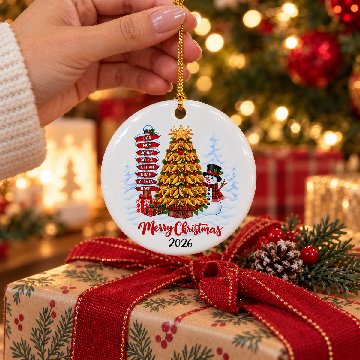 Custom Family Ornament, Christmas Gift for Family Members •  Christmas Tastes Better With Tacos - Personalized Ceramic Ornament
