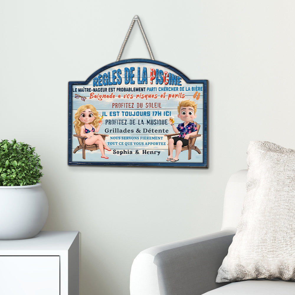 Custom Family Summer Backyard, Patio & Porch Decor • Règles De La Piscine - Panneau En Bois Personnalisé
