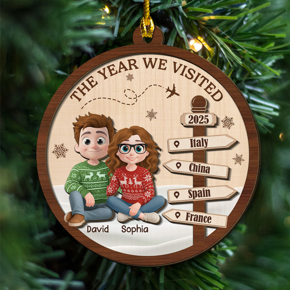 Custom Couple Christmas Ornament, Anniversary Gift •  Visit The World Together - Personalized 2-Layered Wood Ornament