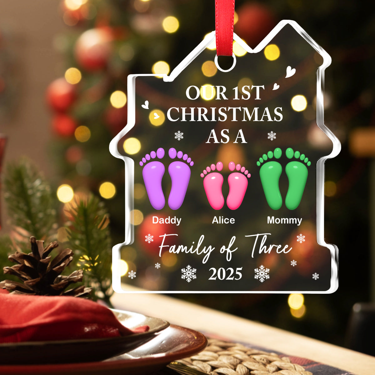 Custom Family First Christmas Ornament •  Our First Holiday Season As One - Personalized House Shaped Glass Ornament