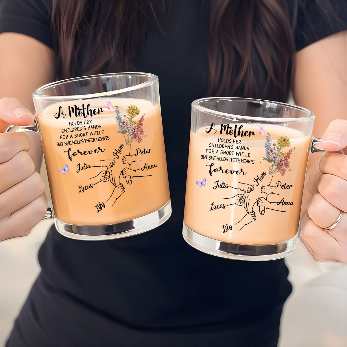 Custom Mother's Day Gift for Mom & Grandma • Mother Holds Her Children Heart Forever - Personalized Glass Mug