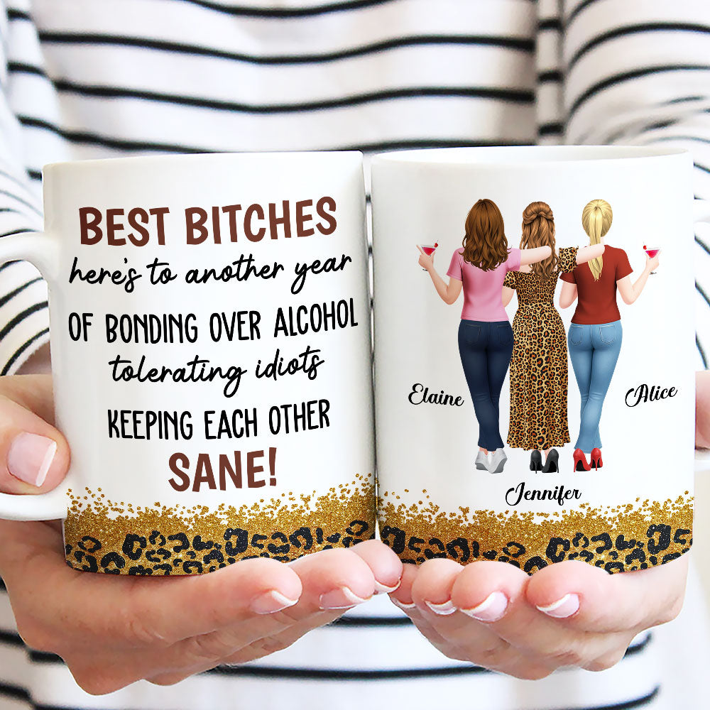 Custom Best Friend, Christmas & Birthday Friendship Keepsake Gift • Bonding Over Alcohol Tolerating Idiots - Personalized Coffee Mug