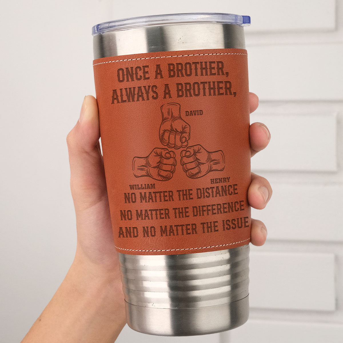 Custom Christmas Birthday Gifts For Brother • Once A Brother - Personalized Engraved Leather Tumbler