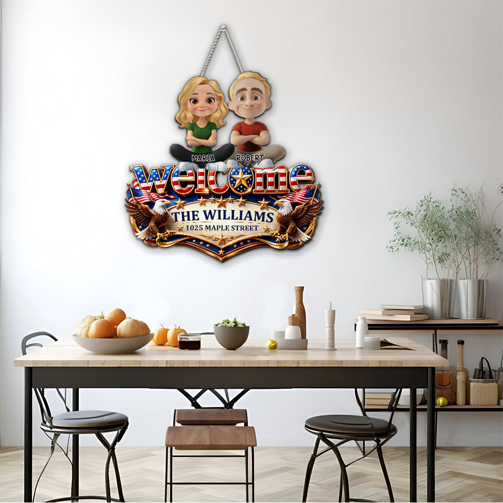 Custom Family Patriotic Hanging Decor, 4th of July • Welcome Home Sweet Home - Personalized Wood Sign