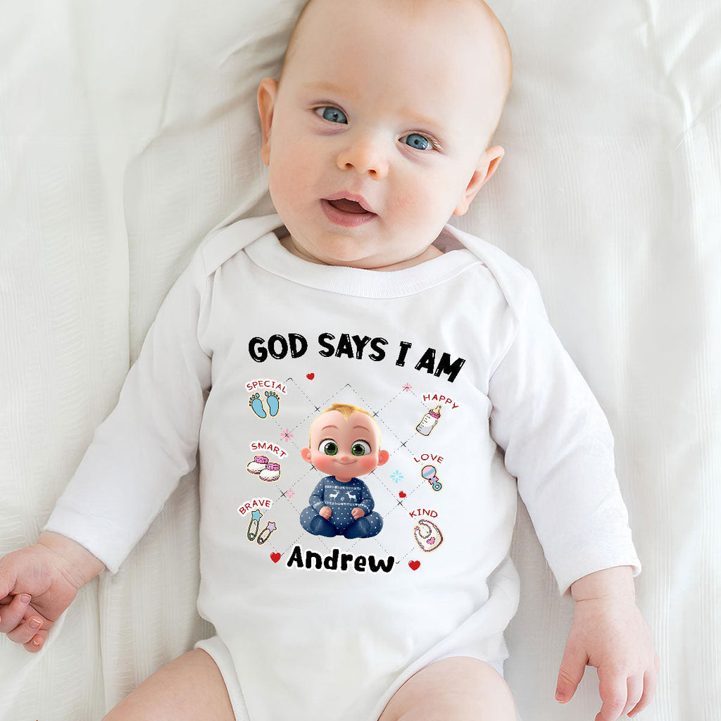 God Says I Am - Personalized Long Sleeve Baby Onesie