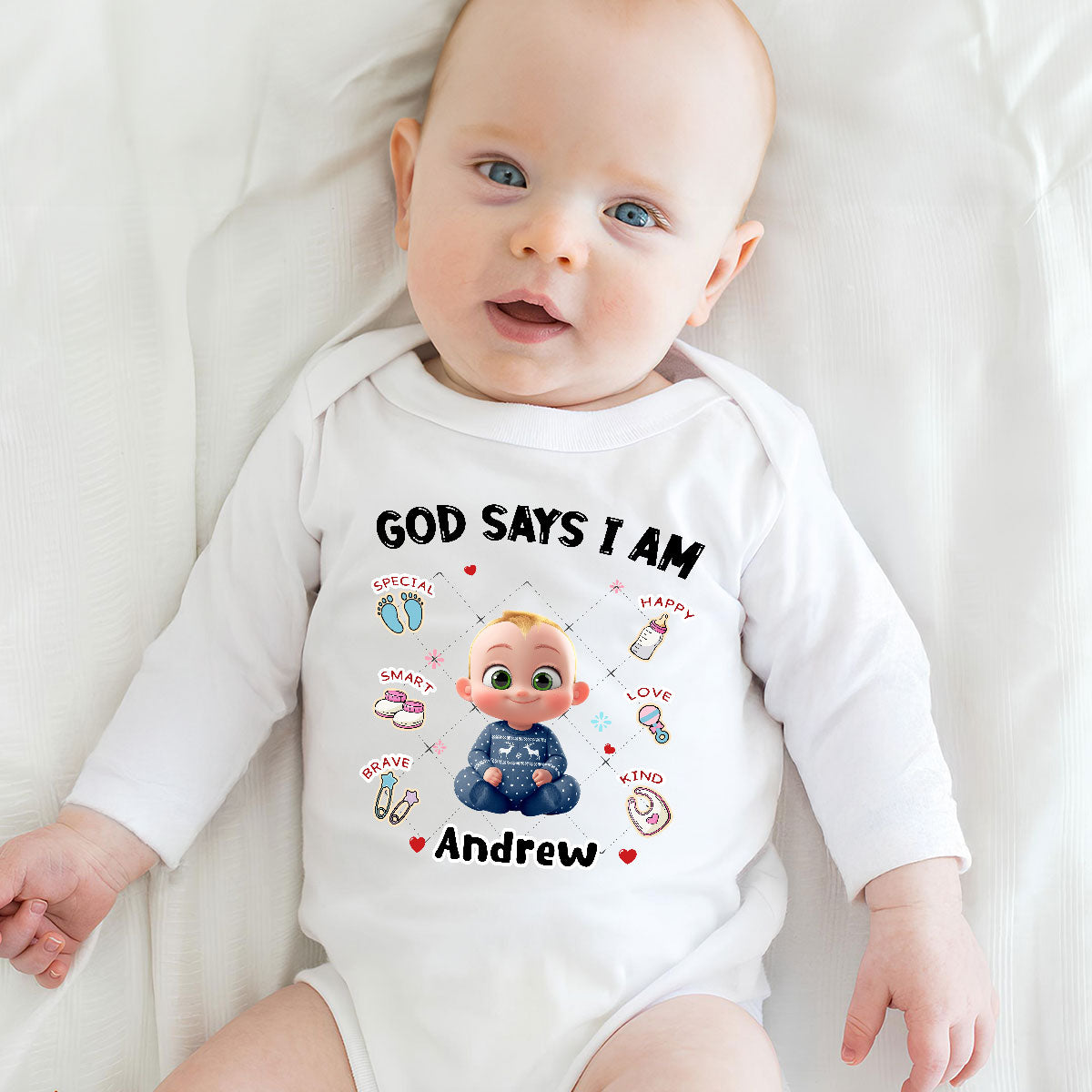 God Says I Am - Personalized Long Sleeve Baby Onesie