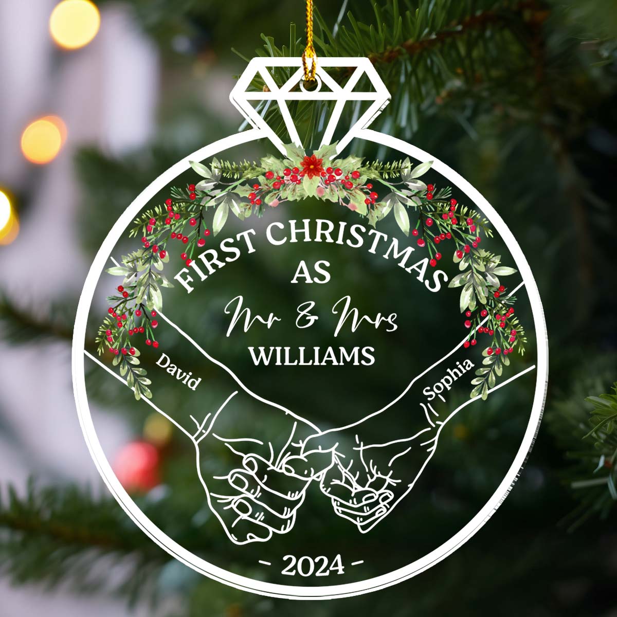 Custom First Christmas Ornament Married, Gift for Newlyweds •  Our First Christmas 2024 - Personalized Acrylic Ornament