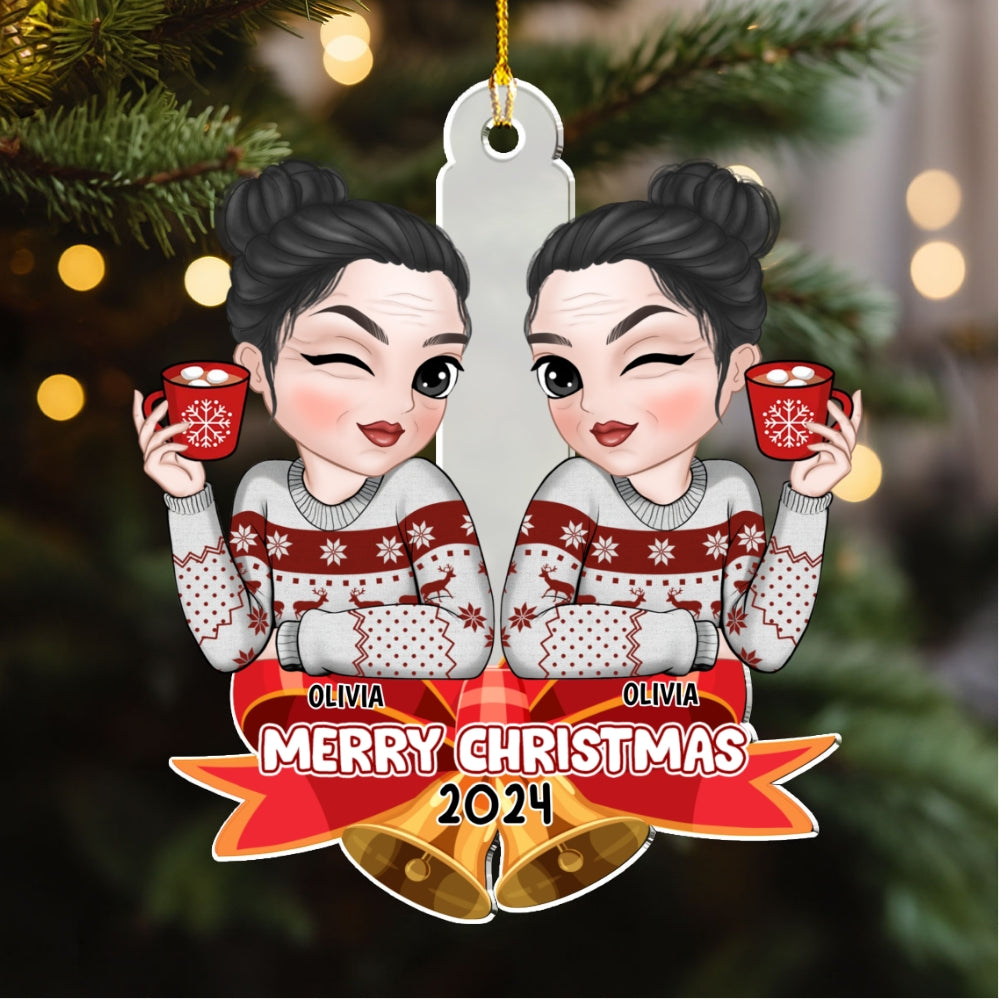 Custom Friendship Christmas Ornament, Best Friend Gift •  Bestie Sitting On Bell - Personalized Acrylic Ornament