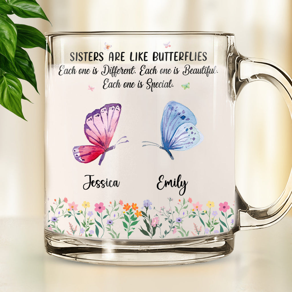 Custom Christmas & Birthday Gift For Sister • Sisters Flutter Through Life Beautifully - Personalized Glass Mug