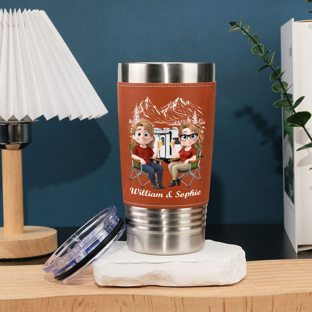 Custom Christmas Anniversary Gifts For Couple • Camp Fire - Personalized Leather Tumbler