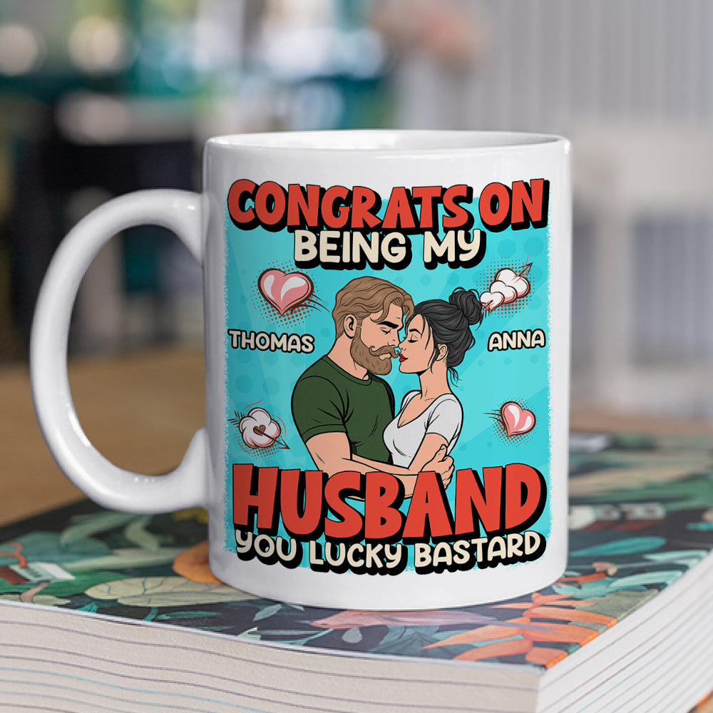 Custom Anniversary Keepsake Gifts For Couple • Congrats On Being My Husband Retro Style - Personalized Coffee Mug