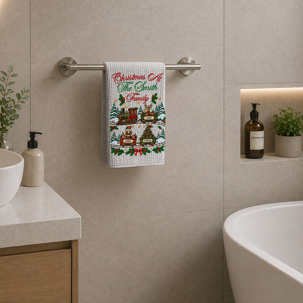 Custom Family Name Kitchen Towel, Christmas Housewarming Gift For Family • Christmas At Home - Personalized Kitchen Towel