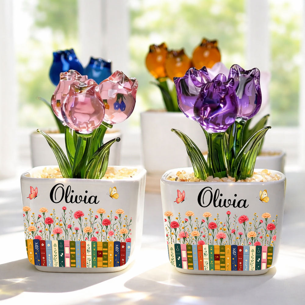 Custom Christmas Birthday Home Decor Gift For Book Lovers, Bookworms • Love Grows Between Pages - Personalized Glass Everlasting Tulips