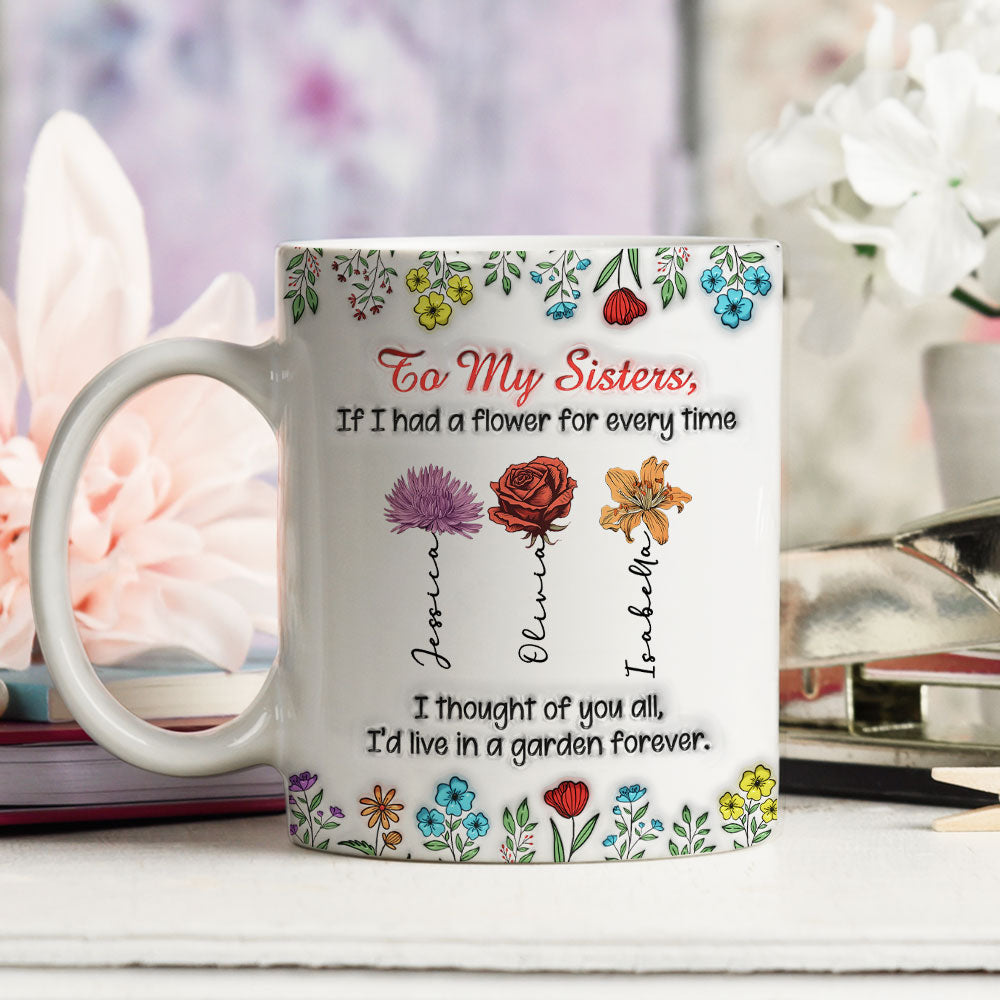 Custom Name & Birth Flower Birthday, Christmas Gift for Sister • My Garden Grows With Sisters - Personalized 3D Inflated Effect Mug
