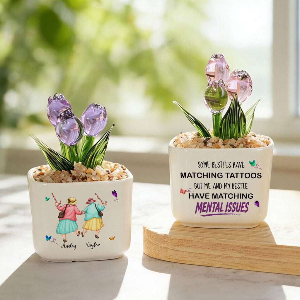 Custom Flower Keepsake, Glass Home Decor Gift for Best Friend • Matching Besties - Personalized Glass Everlasting Tulips