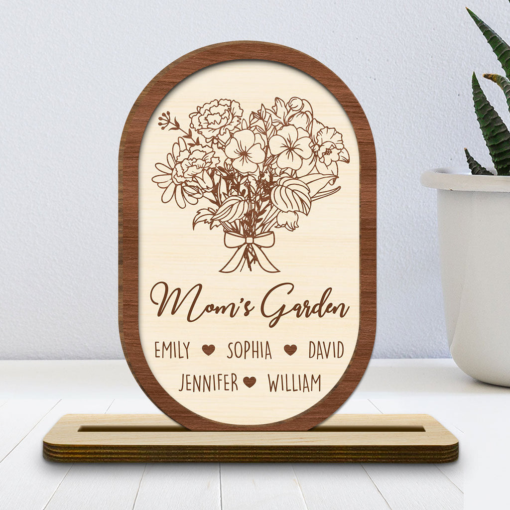 Custom Mother's Day Decor, Gift for Mom & Grandma • Floral With Family Names - Personalized 2-Layer Wood Plaque With Flat Base
