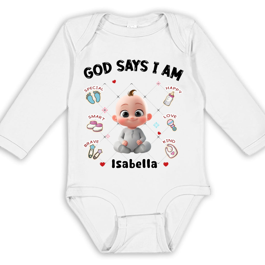 God Says I Am - Personalized Long Sleeve Baby Onesie