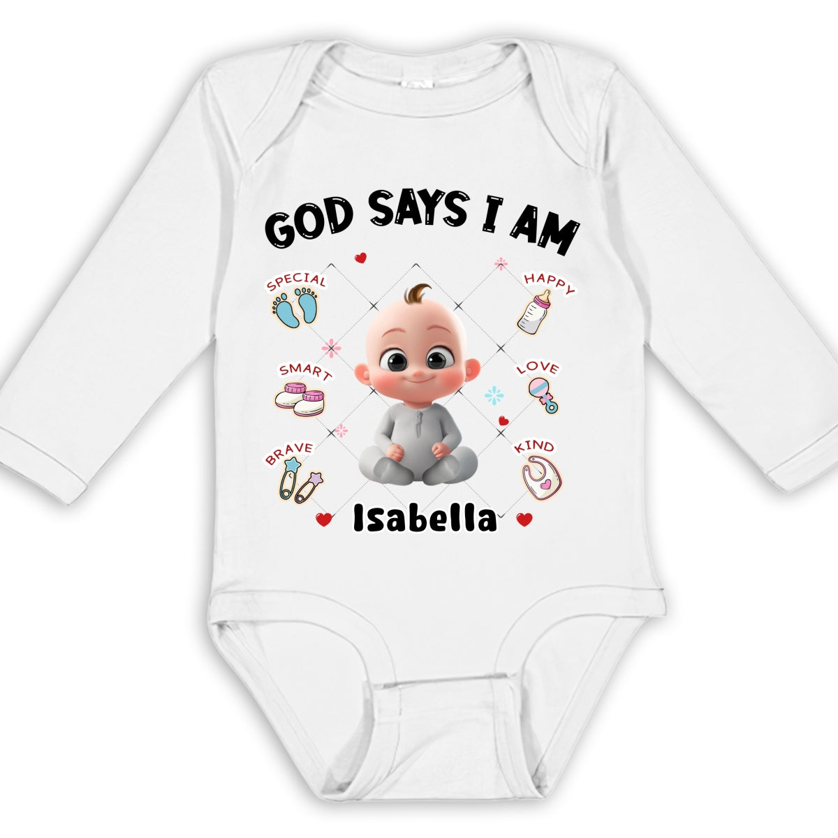 God Says I Am - Personalized Long Sleeve Baby Onesie