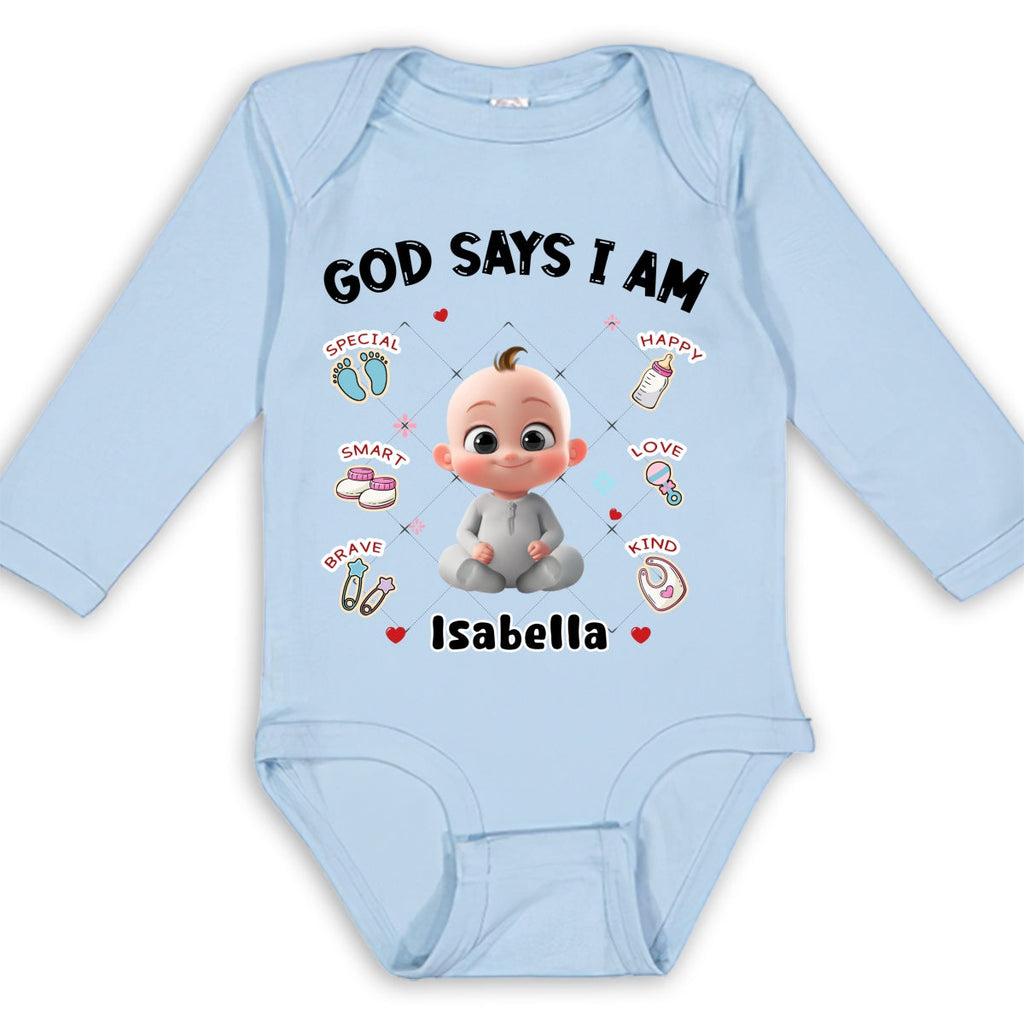 God Says I Am - Personalized Long Sleeve Baby Onesie