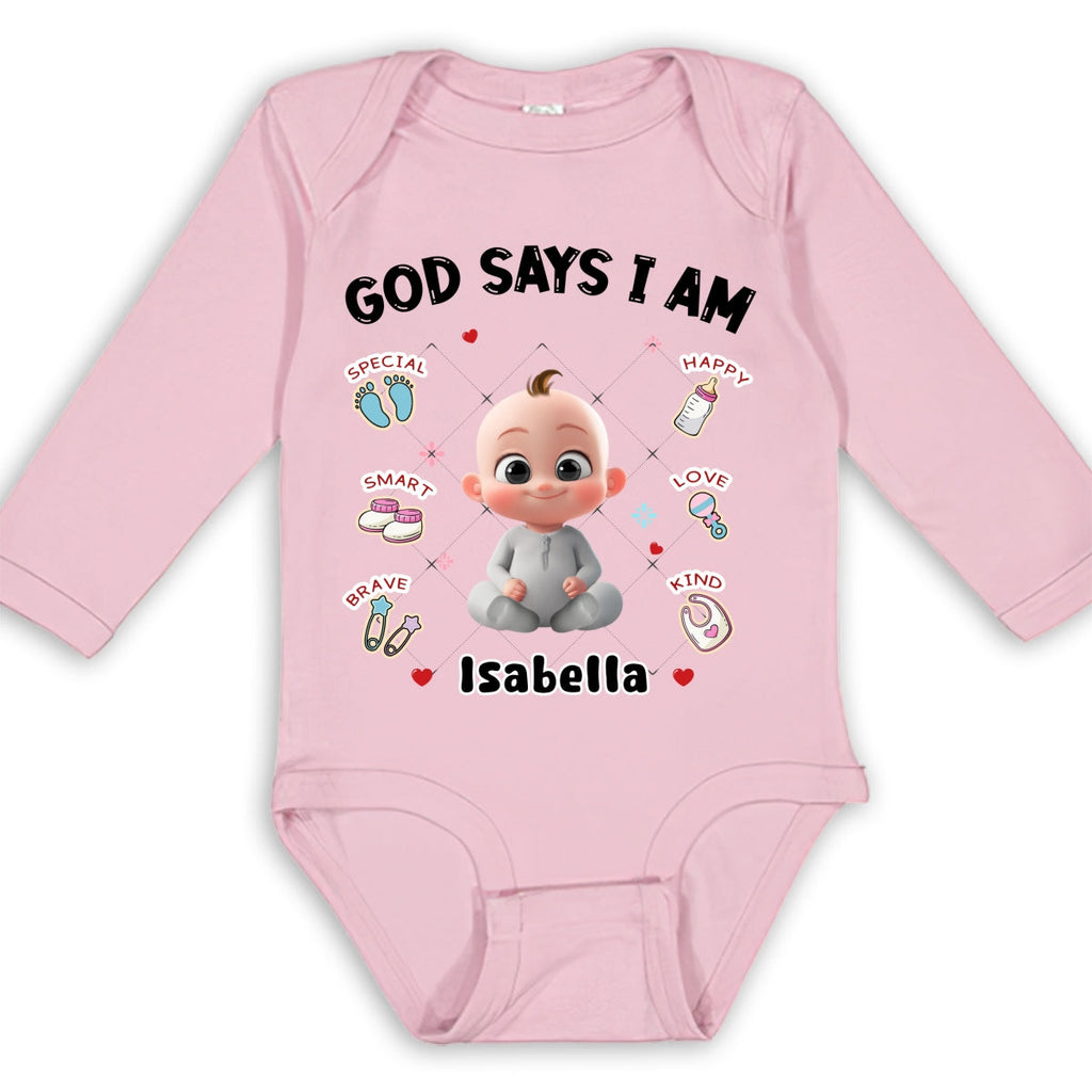 God Says I Am - Personalized Long Sleeve Baby Onesie