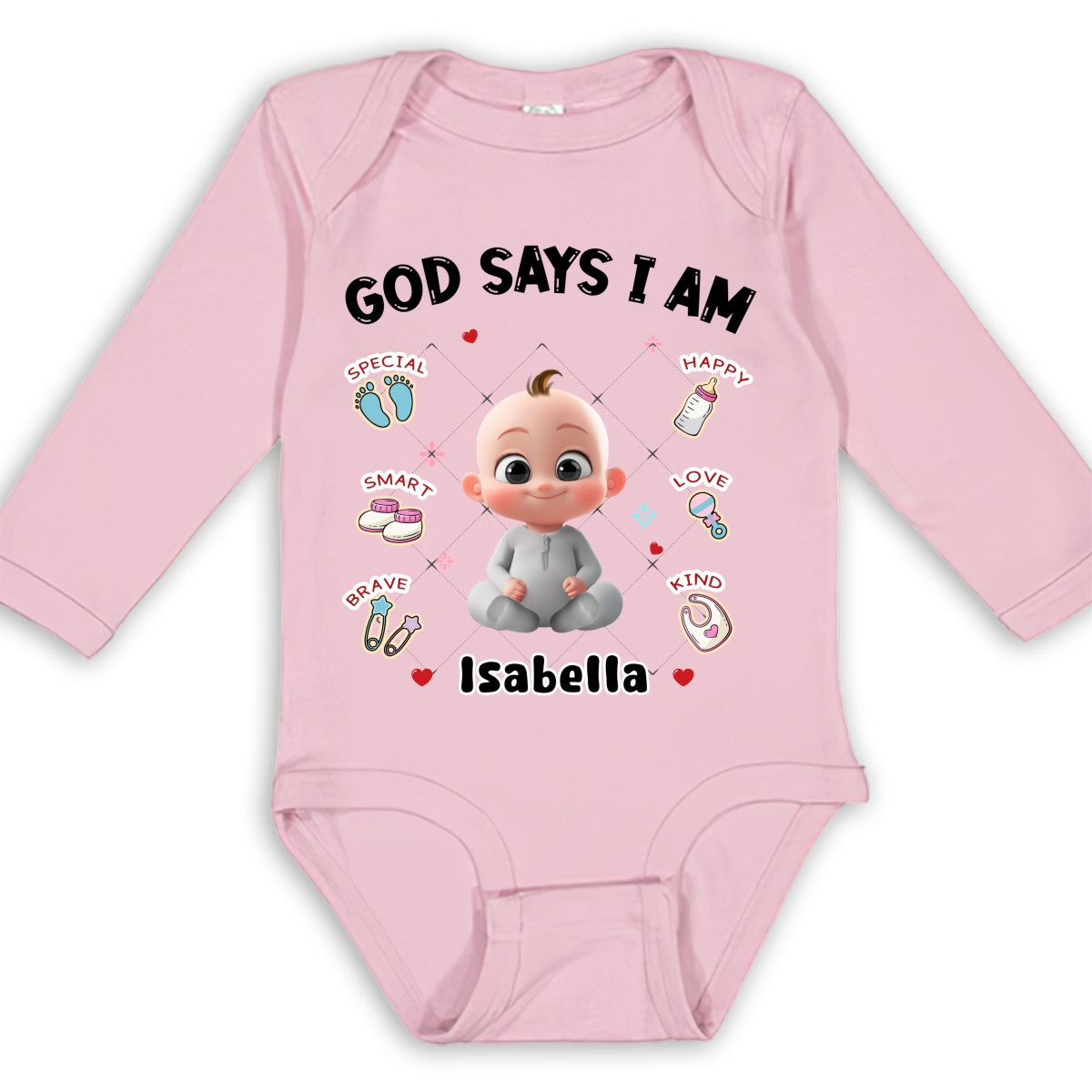 God Says I Am - Personalized Long Sleeve Baby Onesie