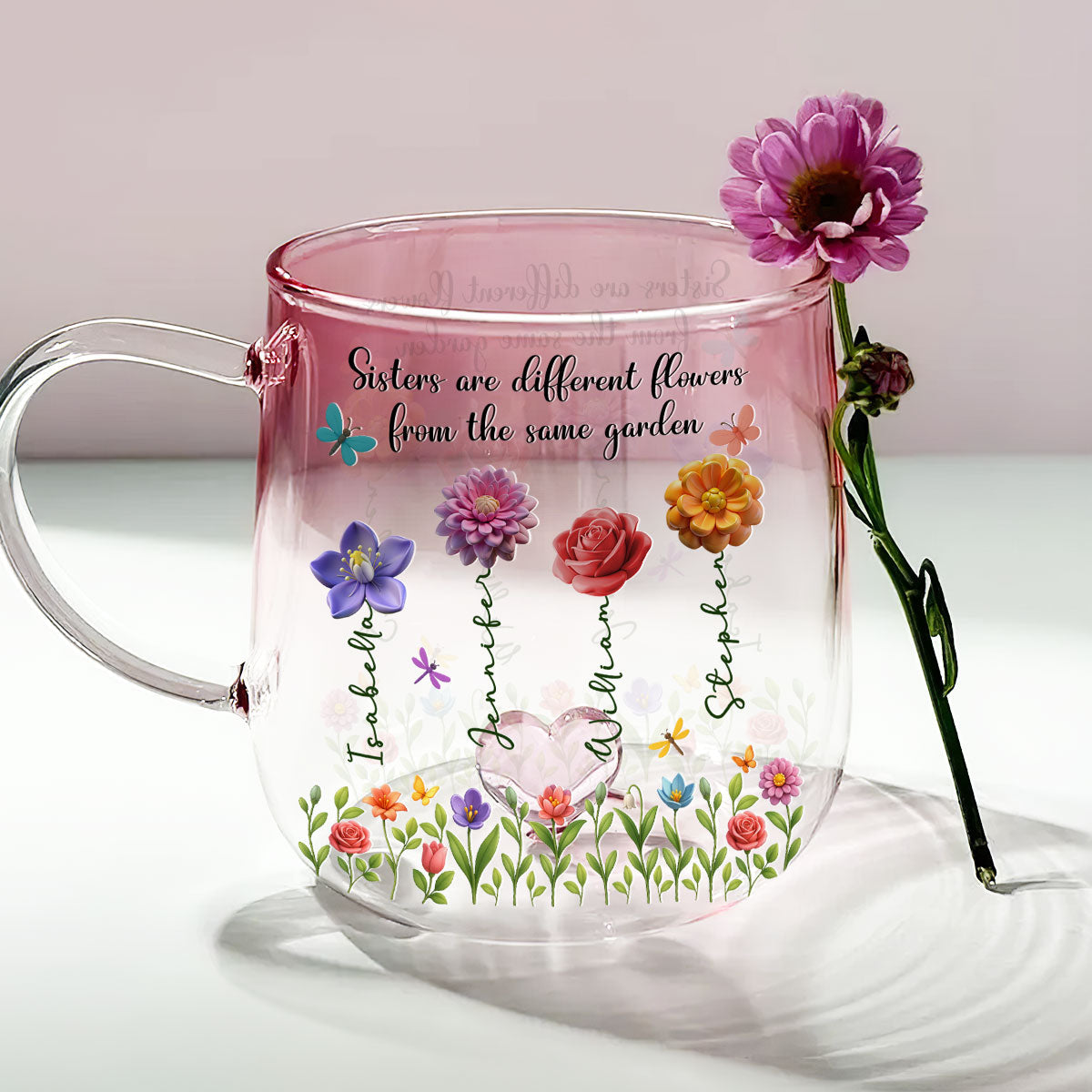 Custom Christmas & Birthday Gift For Sister • Sisters Are Flowers - Personalized Pink Gradient Glass Mug