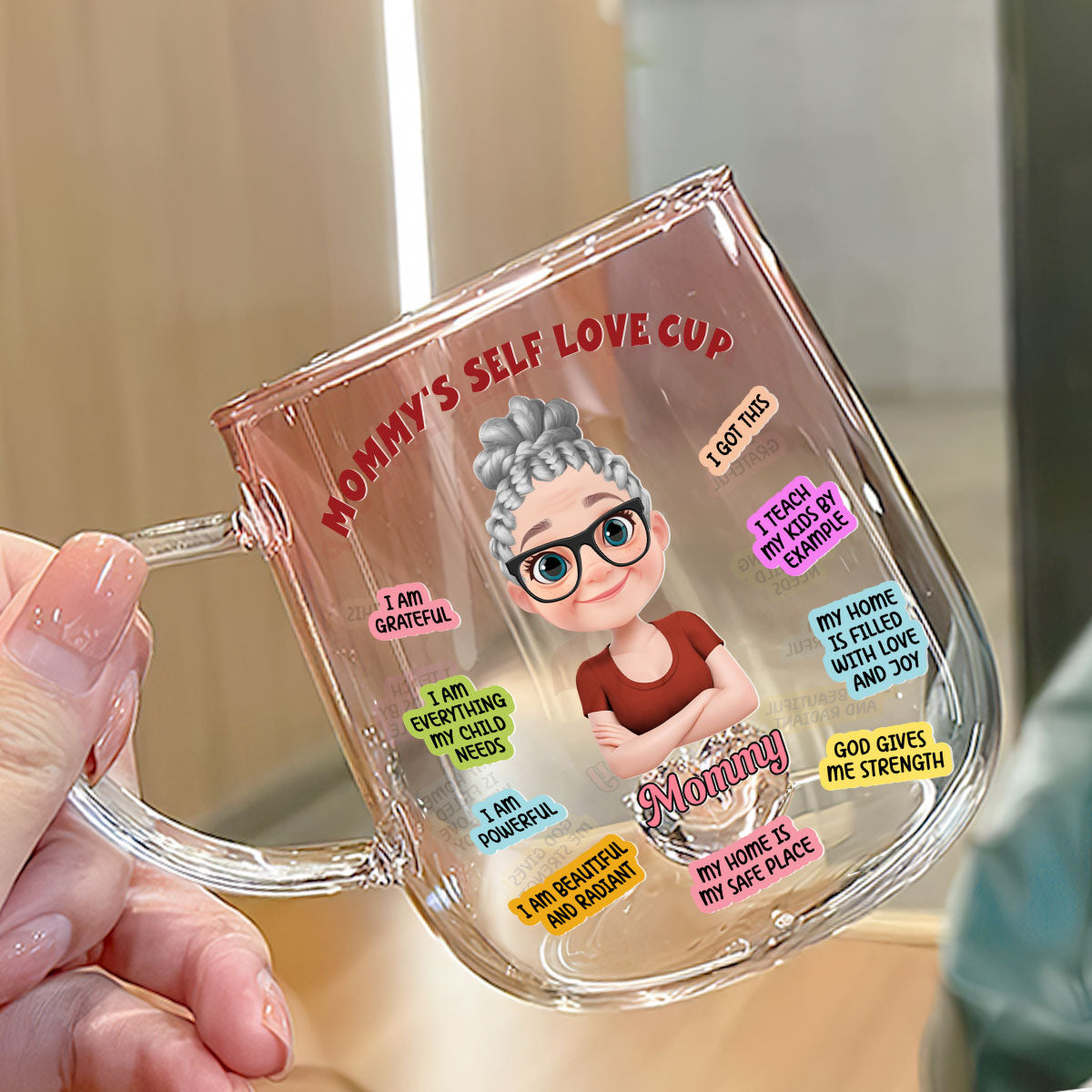 Custom Mother's Day Gift for Mom & Grandma • Mom Self Love Cup Version 2 - Personalized Pink Gradient Glass Mug