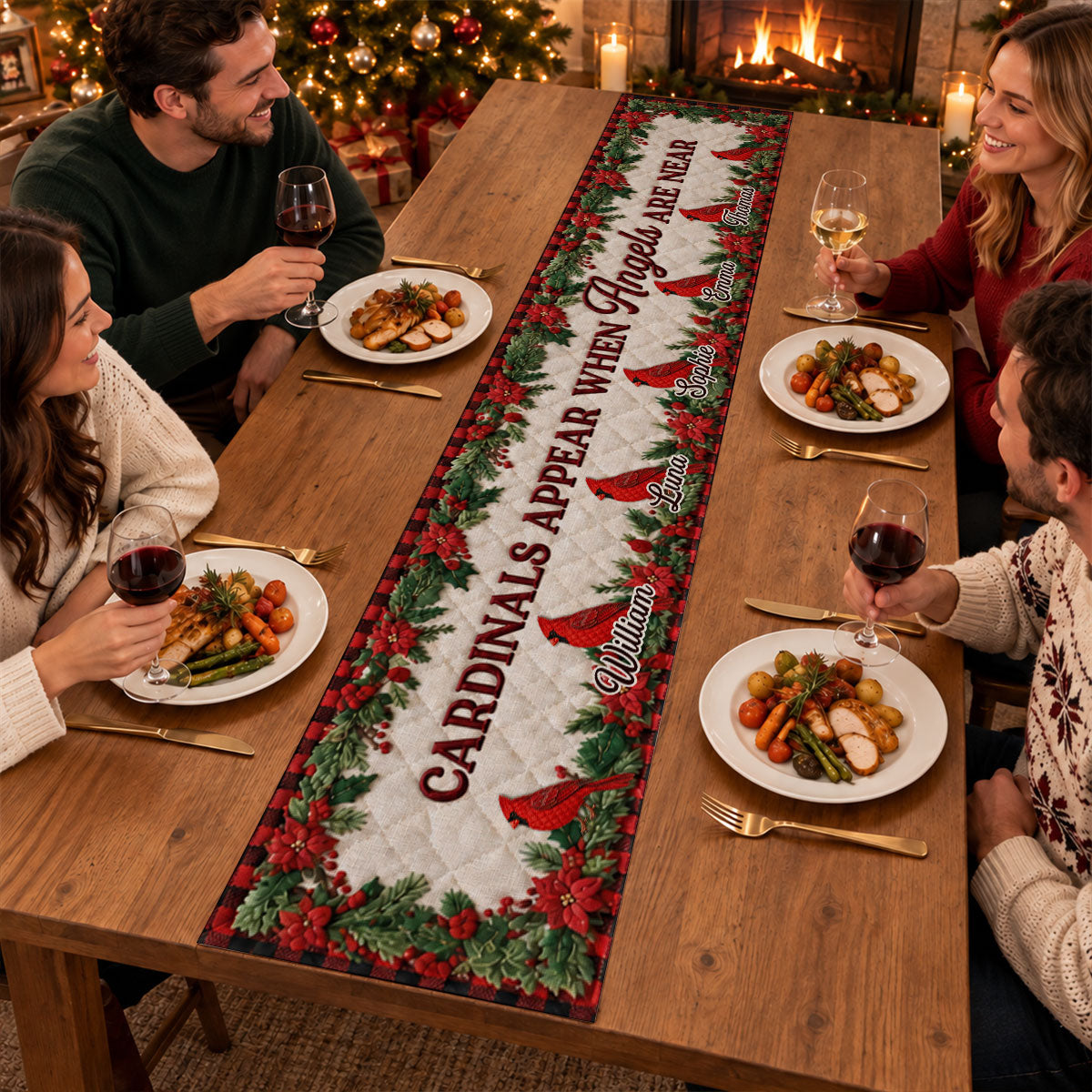 Custom Family Name Christmas Gifts, Holiday Decor Gift • Cardinals Appear When Angels Are Near - Personalized Table Runner