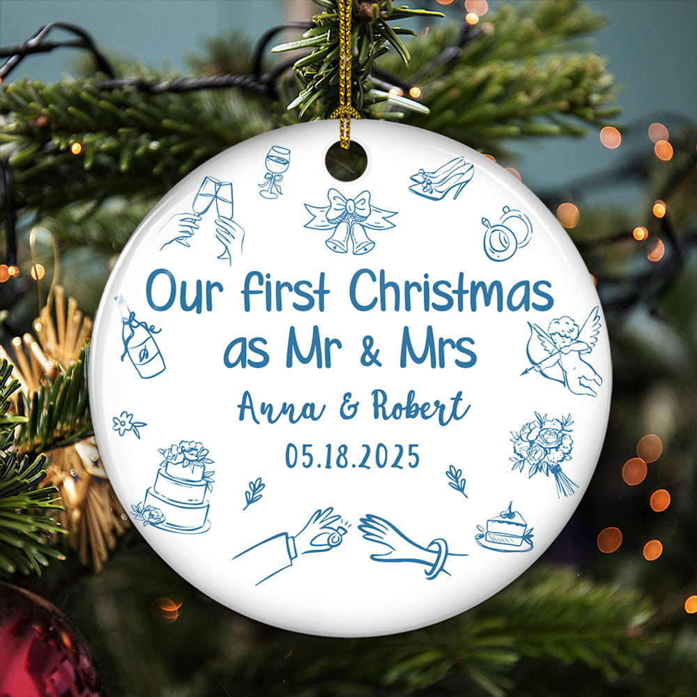 Custom First Christmas Ornament Married, Gift for Newlyweds •  Something Blue - Personalized Ceramic Ornament