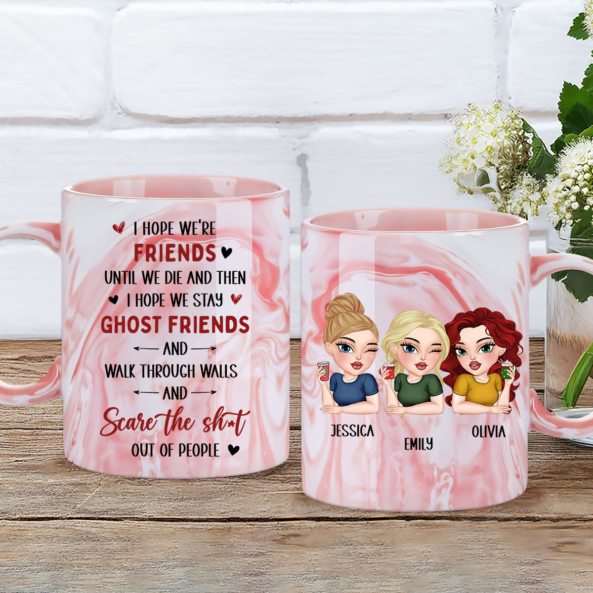 Custom Best Friend, Christmas & Birthday Friendship Keepsake Gift • I Hope We Stay Ghost Friends - Personalized Pink Marble Mug
