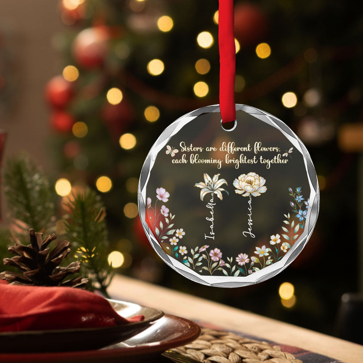 Custom Sister Christmas Ornament •  Blooming Together - Personalized Glass Ornament