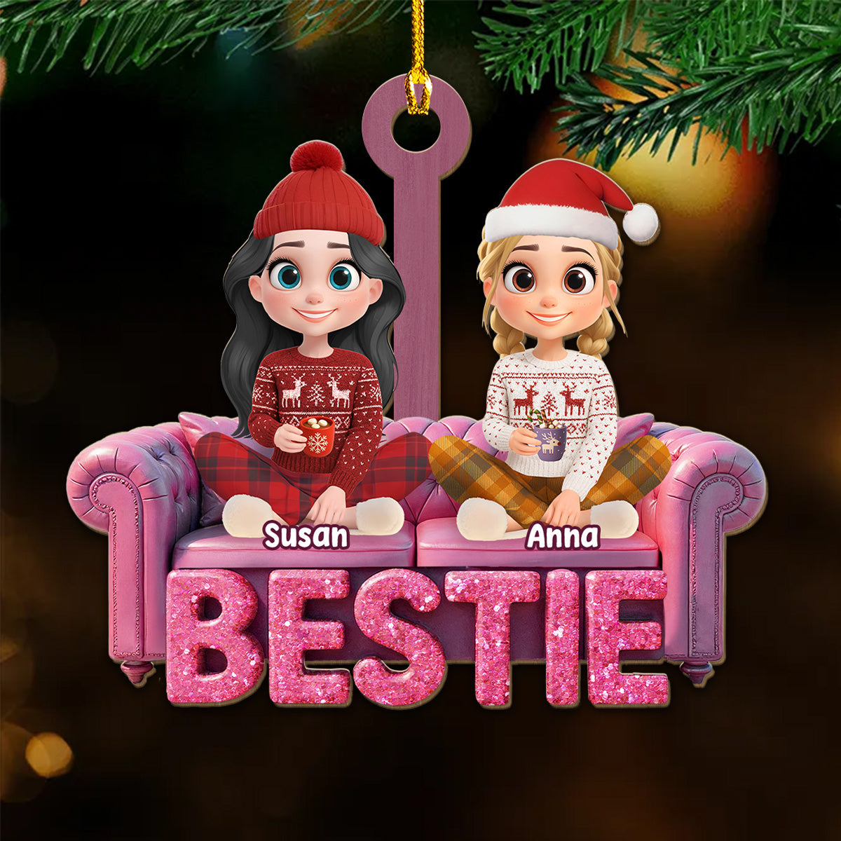 Custom Friendship Christmas Ornament, Best Friend Gift •  Besties Forever - Personalized Wood Ornament