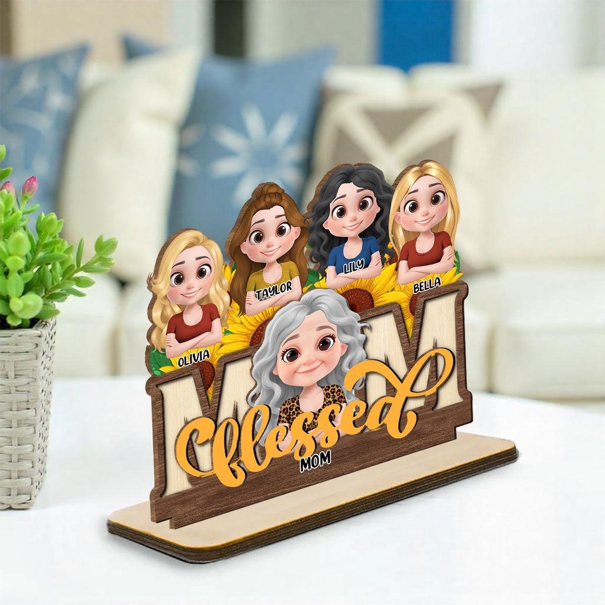 Custom Mother's Day Decor, Gift for Mom & Grandma • Blessed Mom - Personalized 2-Layer Wood Plaque With Flat Base