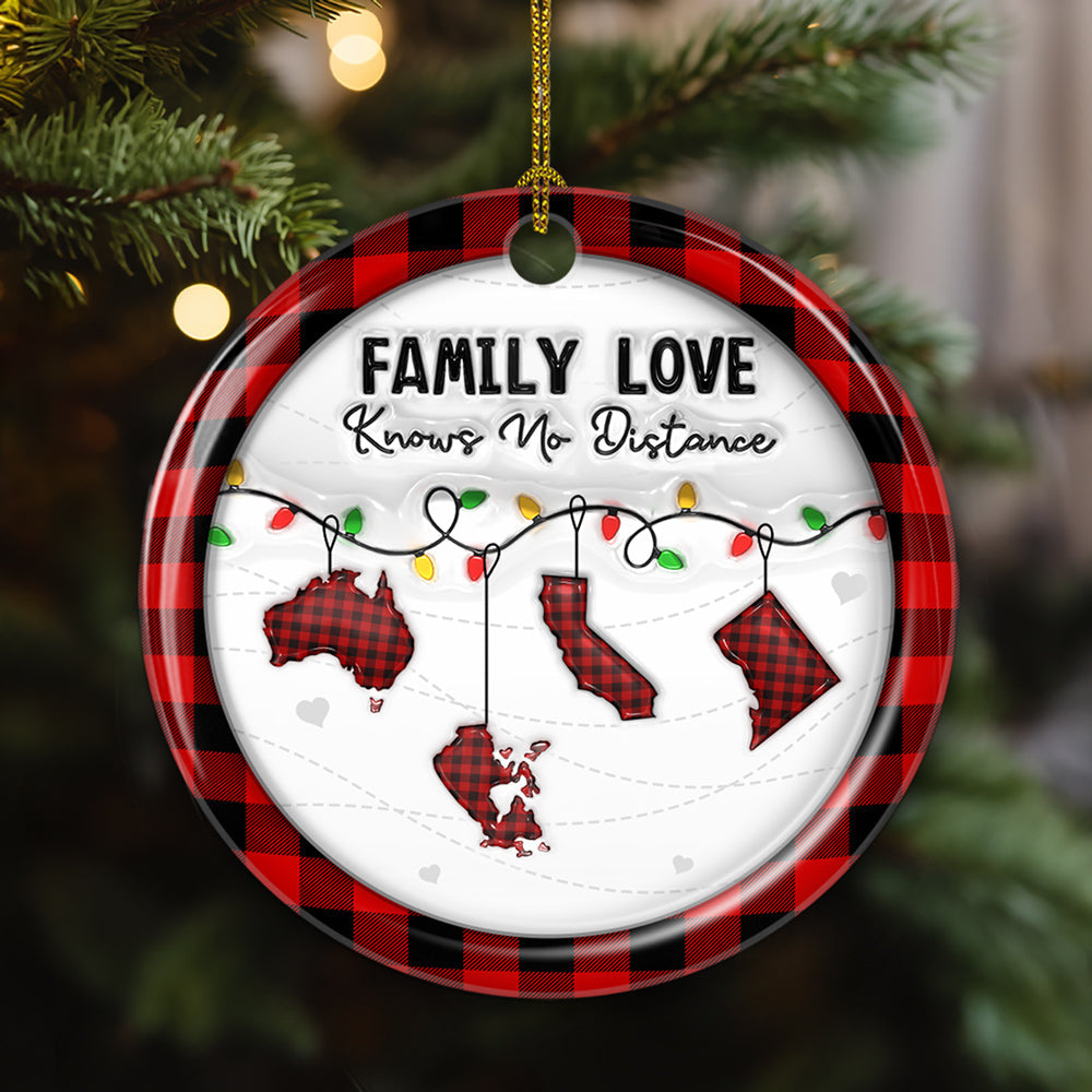 Custom Family Christmas Ornament for Long Distance Families •  Family Love Know No Distance Red - Personalized 3D Effect Ceramic Ornament