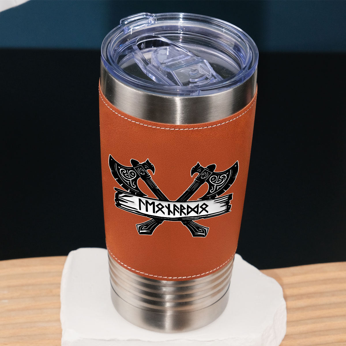 Custom Christmas Birthday Gifts For Dad • Rune Marked Viking - Personalized Leather Tumbler