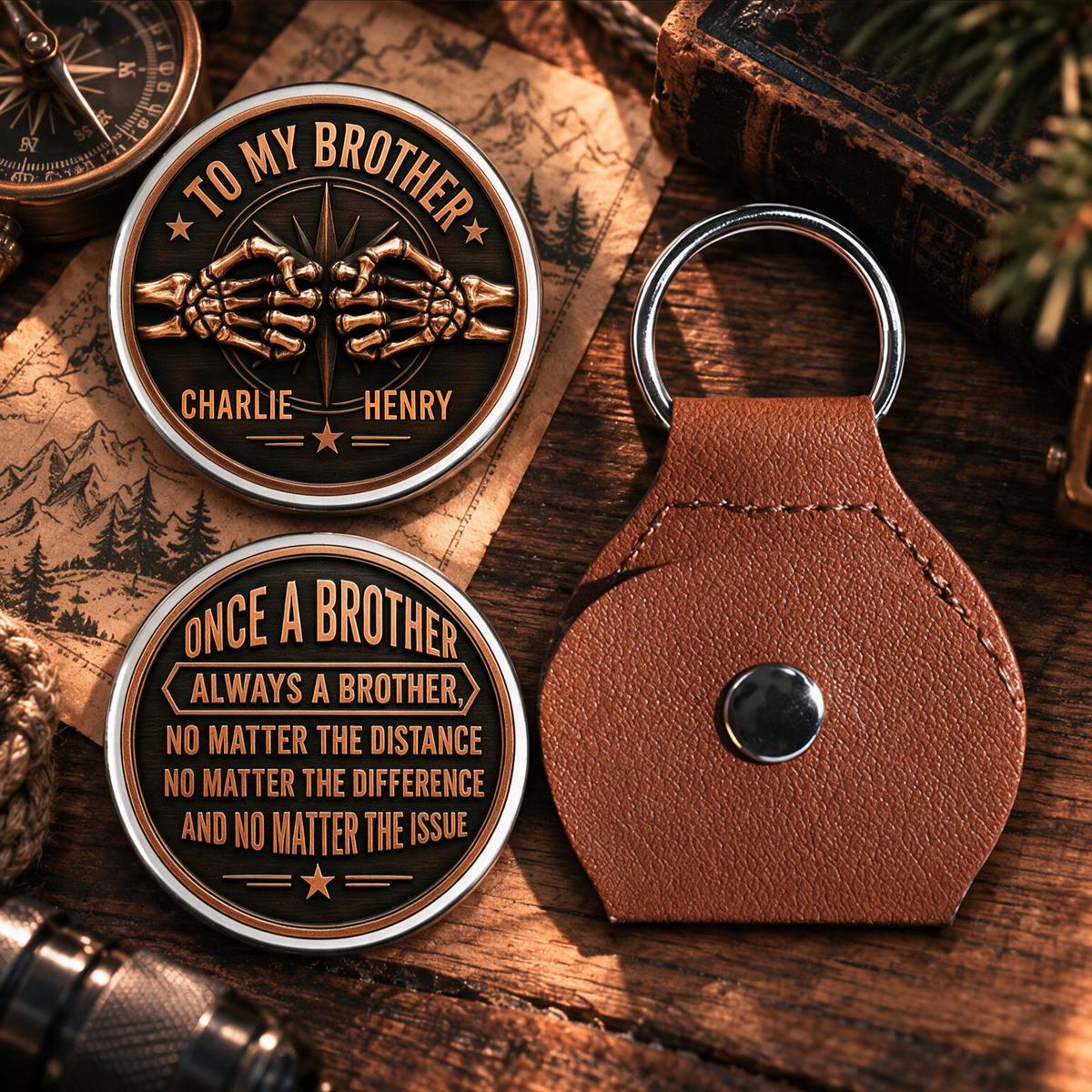 Custom Brother Coin Keychain, Birthday Gift for Family Members • Brothers By Blood - Personalized 3D Printing Pocket Hug