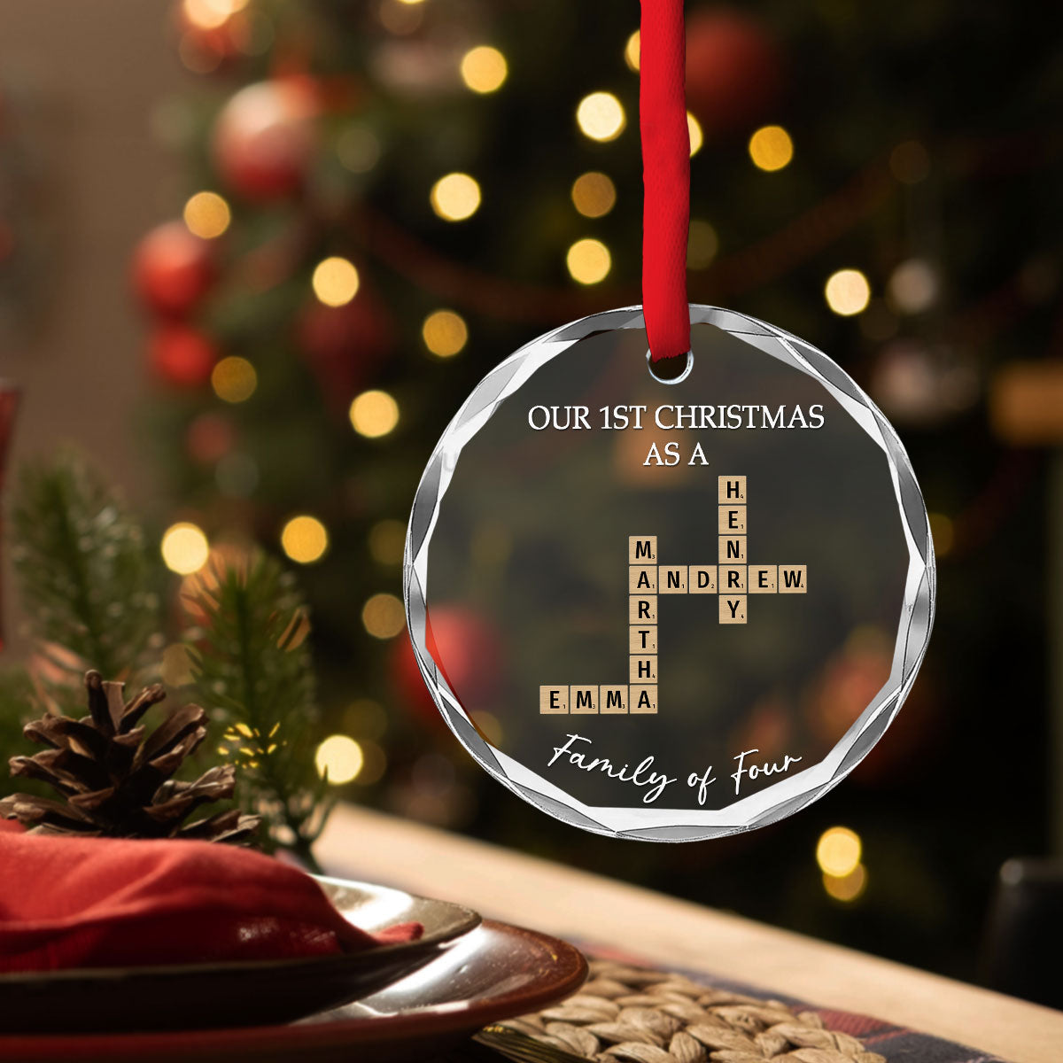 Custom Family First Christmas Ornament •  Crossword Art Created In A Moment - Personalized Glass Ornament