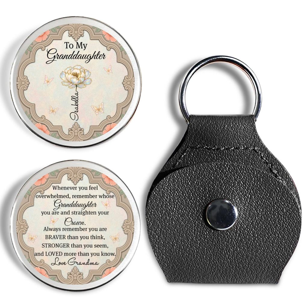 Custom Birth Flower & Name Coin Keychain For Granddaughter Niece • Straighten Your Crown - Personalized Pocket Hug