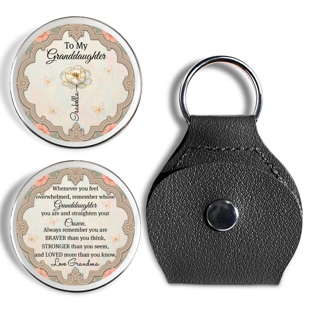 Custom Birth Flower & Name Coin Keychain For Granddaughter Niece • Straighten Your Crown - Personalized Pocket Hug