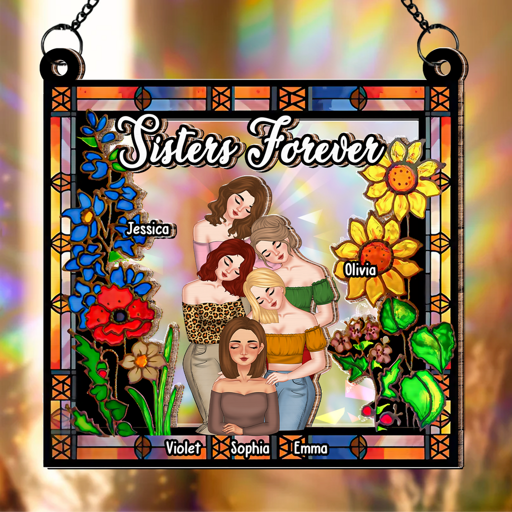 Custom Best Friend Hanging Decor, Friendship Birthday Gifts • Besties Forever Floral Style - Personalized Rainbow Suncatcher
