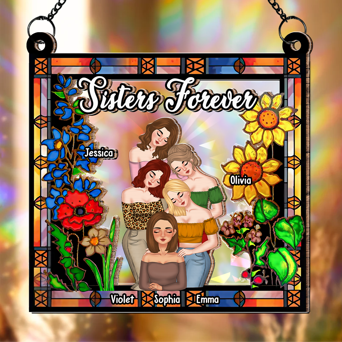 Custom Best Friend Hanging Decor, Friendship Birthday Gifts • Besties Forever Floral Style - Personalized Rainbow Suncatcher