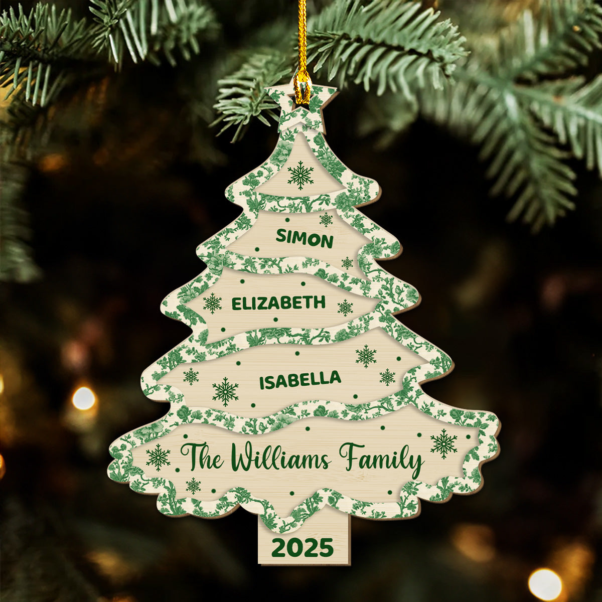 Custom Keepsake Christmas Ornament •  Family Names Christmas Tree Toile De Jouy - Personalized Wood Ornament