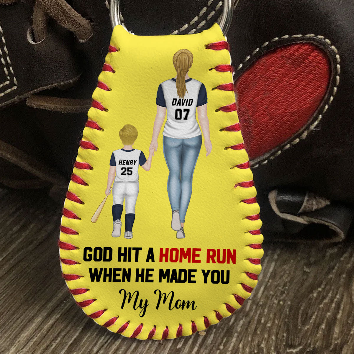 My Favorite Baseball Player Calls Me Mom - Personalized Leather Baseball Keychain