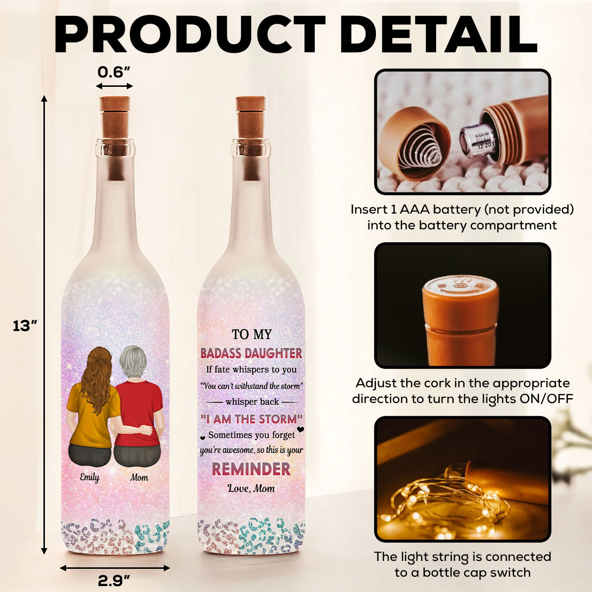 From Mom To Badass Daughter - Personalized Bottle Lamp