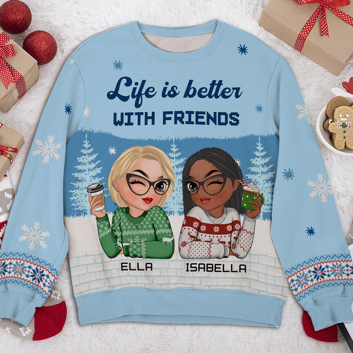 Custom Friendship Christmas Sweatshirt, Best Friend Gift • Besties Forever 2024 - Personalized All-Over-Print Sweatshirt