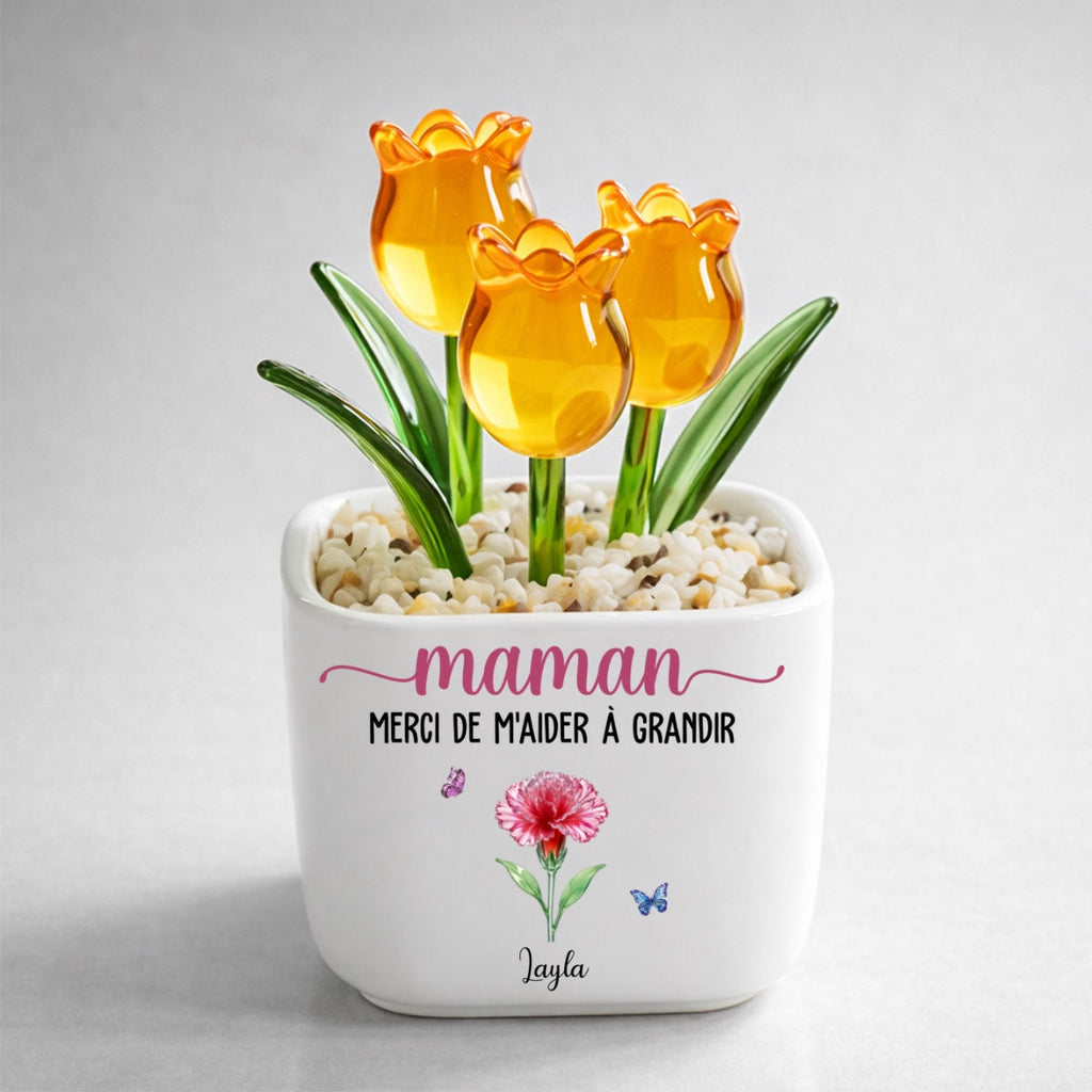 Custom Flower Keepsake, Meaningful Glass Home Decor Gift • Merci De M'Aider À Grandir - Tulipes Éternelles En Verre Personnalisées